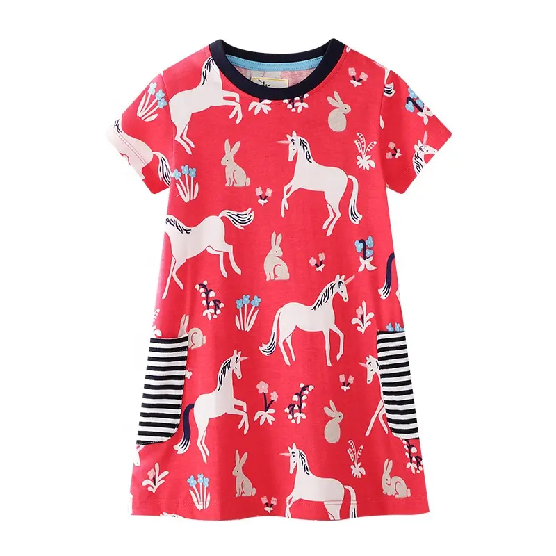 Kurzarm Cartoon Kinder Kleid Designs Einteilige Baumwolle Sommer Kammgarn Kinder Freizeit kleid Großhandel Günstiger Preis