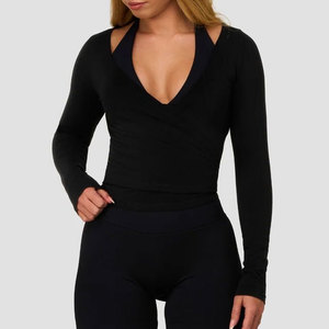 Camiseta Deportiva de Manga Larga para Mujer, Cuello en V Profundo, Color Sólido, para Correr, con Orificios para Pulgares, Sin Costuras, Venta al Por Mayor - Product Image 5