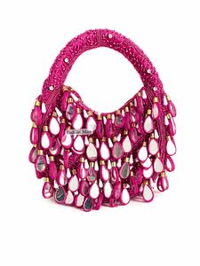 Bolso de Mano Rosa con Cuentas en Forma de Media Luna y Detalles de Espejo, Estilo Bohemio, con Asa Superior, para Mujer, para Fiestas y Bodas - Product Image 6