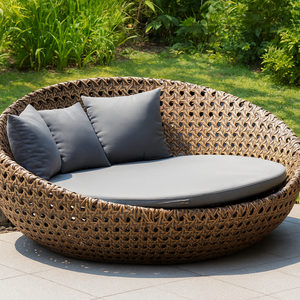 Lit de soleil rond en rotin moderne pour l'extérieur avec coussins moelleux, résistant aux intempéries, pour les espaces de cour, d'hôtel et de villa de luxe - Product Image 4
