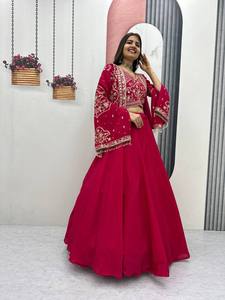 <b>Red</b> Embroidered Modern <b>Lehenga</b> Choli Net Fabric Traditional Indian Wedding Party Graduation V Neck Festive Dress Set - Product Image 2