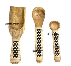Latest Design Wooden small <b>spoons</b> Scoops Spices With rattan Woven Design Handle <b>Measuring</b> <b>Spoons</b> Housewarming Kitchen utensils - Product Image 1