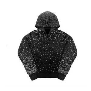 Ensemble de survêtement 2 pièces pour homme, coupe slim, style streetwear, avec sweat à capuche et pantalon évasé, broderie effet usé, fermeture éclair ornée de strass, délavage acide, couleur unie - Product Image 2