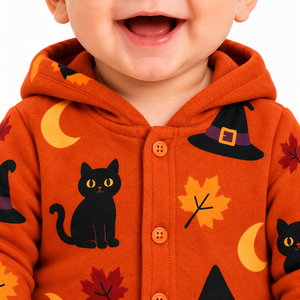 Mono con capucha de Halloween para bebé, color naranja, con estampado de luna, sombrero de bruja y gato negro, manga larga, con botones al frente, conjunto de ropa para bebé - Product Image 2