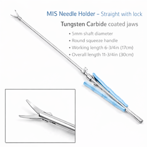 Portaagujas MIS Recto con Bloqueo, Mordazas de Carburo de Tungsteno, Eje de 5 mm, Longitud de Trabajo de 17 cm, Longitud Total de 30 cm – ZETOMEDPRO - Product Image 5