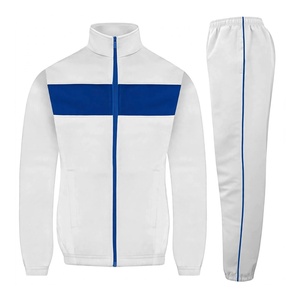 Conjunto Deportivo Personalizado para Hombre, Blanco con Rayas Azules, Chaqueta con Cierre Completo y Cuello Alto, Ropa Deportiva, Traje para Correr, Dos Piezas, Sudadera y Pantalones - Product Image 1