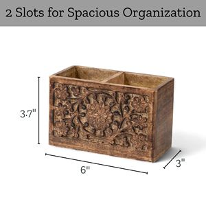 Porte-stylos en bois sculpté à la main, 2 emplacements, en bois de manguier, organiseur de crayons rustique, accessoire de bureau, vente en gros, fabricant sur mesure - Product Image 4