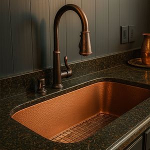 Fregadero de cocina de cobre martillado a mano, estilo rústico con delantal frontal, fregadero de cocina de cobre puro de un solo tazón con acabado antiguo para el hogar - Product Image 5