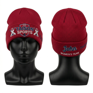 Bonnet de cricket pour femme en tricot acrylique premium 280 GSM, texture côtelée, couleur crème, style revers, logo brodé personnalisé, bonnet d'hiver. - Product Image 5