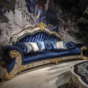 Juego de Sofás de Madera de Teca Real de Lujo para Sala de Estar, Azul Clásico Europeo, Tallado a Mano, Tapizado, Muebles Antiguos para Hotel o Villa - Product Image 3