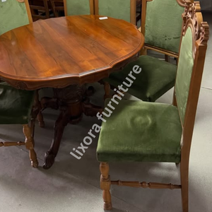 Luxury Handcrafted <b>Solid</b> <b>Wood</b> 6 Seater Round Dining <b>Table</b> Set Antique Victorian Style Green Velvet - Product Image 2