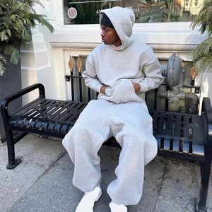 <b>Men</b> Gray Oversized Fleece Breathable Hoodie Sweatpants Set Full Length Regular Fit Solid Color Casual Tracksuit Side Winter - Product Image 5
