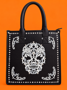 Nouvelle collection : Sac fourre-tout en cuir véritable, motif Halloween élégant, style bohème noir, deux poignées, fermeture éclair, sac à main pour femme - Product Image 1