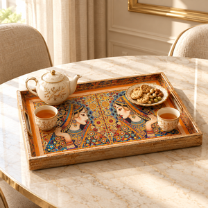Artistic Natural Wood Enamel Serving Tray | Traditional Ramadan Wedding Decor <b>Rectangle</b> Tea <b>Coffee</b> Snack Dining <b>Table</b> Home Decor - Product Image 2