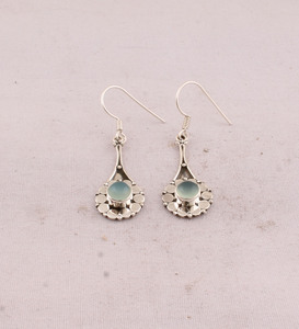 Wholesale Shree Jaipur <b>Silver</b> 925 Sterling <b>Silver</b> Natural Aqua Chalcedony Engagement Dangle <b>Earrings</b> Vintage Handcrafted Flower - Product Image 3
