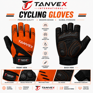 ถุงมือปั่นจักรยาน TANVEX INTERNATIONAL แบบ unisex ครึ่งนิ้ว ผลิตจากผ้าสแปนเด็กซ์/โพลีเอสเตอร์ผสมผ้าฝ้าย ระบายอากาศได้ดี เคลือบเจลโพลียูรีเทน - Product Image 1