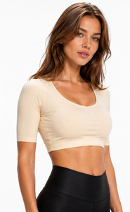 Haut court de compression pour femme à manches courtes, col rond, coupe ajustée, pour le yoga et le sport - Product Image 3