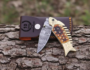 Cuchillo plegable de acero de Damasco 58HRC con hoja recta y punta caída, mango de madera y hueso, calidad industrial, cuchillo de camping, regalo para el compañero/a de vida. - Product Image 2