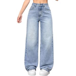 Jean large bleu ciel délavé sur mesure pour femme, style streetwear, en pur coton durable, coupe ample, effet évasé - Product Image 1