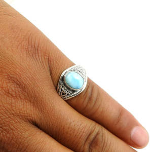 Anillos Clásicos de Plata de Ley 925 con Gema de Larimar de Corte Ovalado en Engaste de Bisel, Estilo Bohemio, Joyería Clásica - Product Image 3