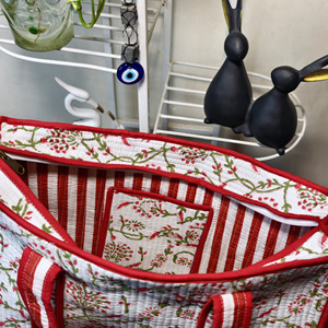 Floral Quilted Hand-painted Cotton Tote <b>Bag</b> Zipper Closure <b>Large</b> Capacity Shoulder Contrast Trim Daily Use <b>Beach</b> RR Textiles All - Product Image 5