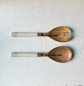 Ensemble de saladiers en bois de manguier avec poignée en terrazzo créative, style américain, écologique, compatible lave-vaisselle, outils de service en bois pour salade - Product Image 1