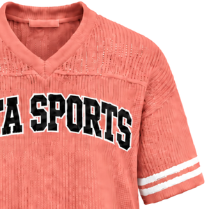 <b>Coral</b> Pink Custom Knitted V Neck Jersey Short Sleeve Striped Sports Shirt Breathable Oversized Casual Athletic Teamwear <b>Top</b> - Product Image 4