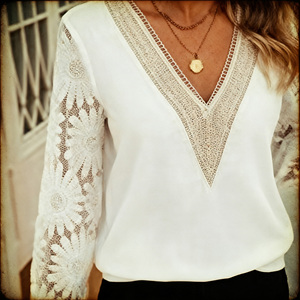 เสื้อเบลาส์แฟชั่นผู้หญิง Temu ลดราคาสุดฮอต คอวี แขนลูกไม้ สไตล์ลำลอง ทรงหลวม ใส่สบาย ดีไซน์สวยหรู เหมาะสำหรับใส่ทุกวัน - Product Image 6