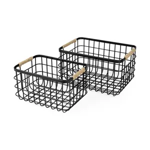 <b>Black</b> Metal Wire Storage Basket with Rope Handles Durable Rectangular Organizer for Home Use - Product Image 4