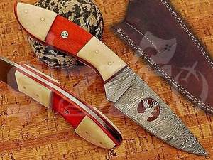 Cuchillo de caza OEM Wirecut de acero de Damasco, tipo Skinner, mango de madera, hoja fija, para camping, actividades al aire libre y EDC, con funda de cuero. - Product Image 4