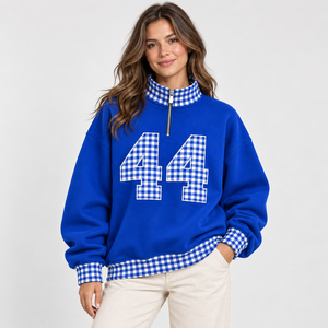 Sudadera Azul de Mujer con Media Cremallera, Cuello y Puños a Cuadros con Parche 44, Estilo Casual para Otoño - Product Image 3