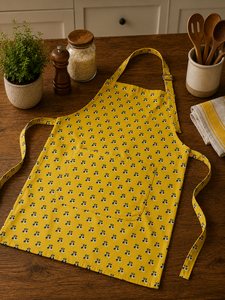Tablier en mélange de coton et de lin de qualité supérieure |   Tablier à bretelles imprimé floral jaune avec grande poche avant |   Cuisine réglable pour la préparation des aliments - Product Image 4