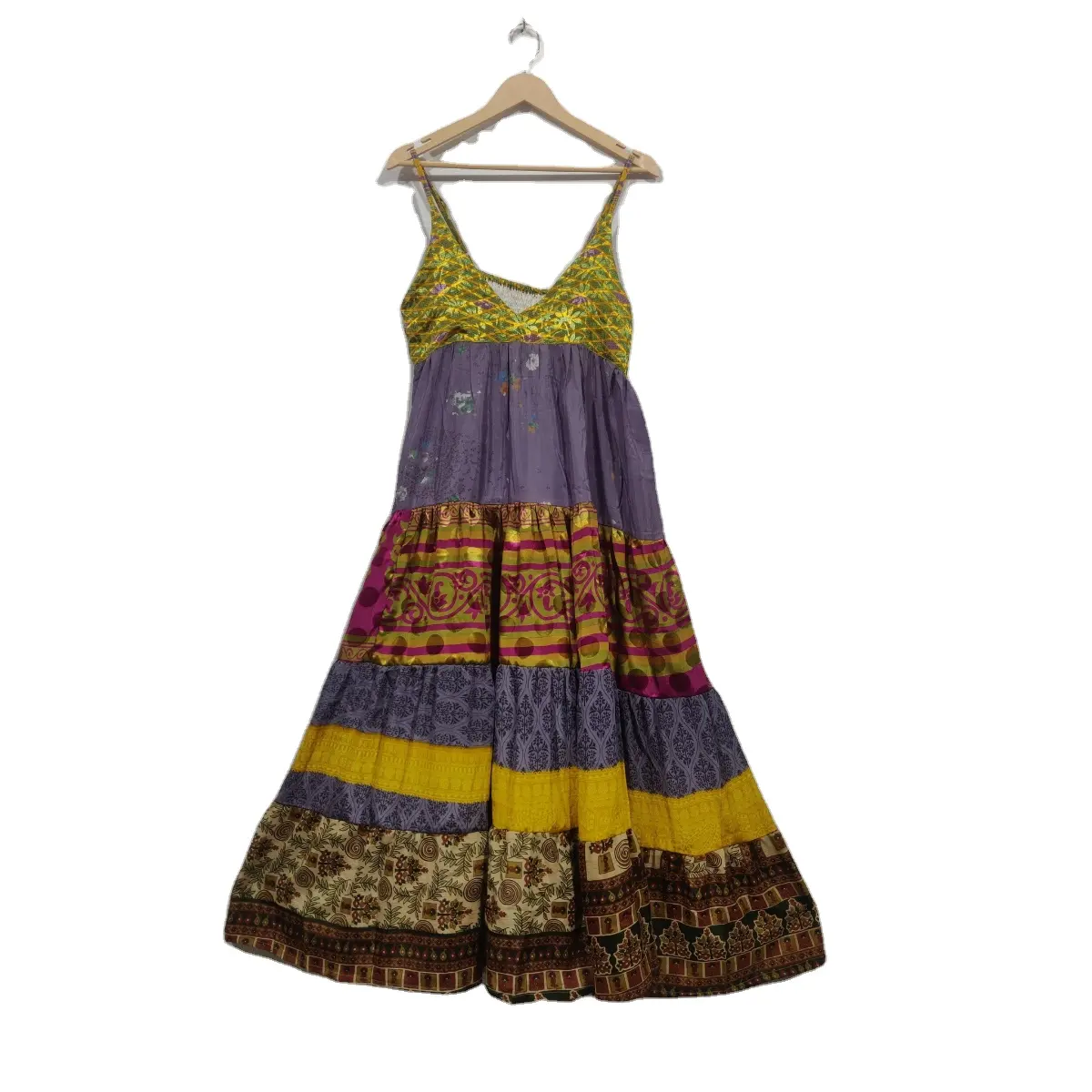 보헤미안 세련된 멀티 컬러 여름 착용 빈티지 패치 디자인 여성을위한 인쇄 실크 맥시 드레스 스트랩 드레스 민족