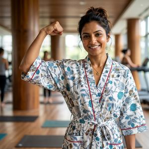 Bata Kimono de Algodón Gris Floral para Mujer, Manga Larga, Cuello en V, Bata de Baño Larga, Ropa de Estar por Casa, Ropa de Dormir con Cinturón Ajustable - Product Image 6