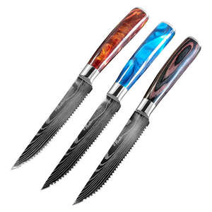 High Quality Stainless Steel Damascus Pattern Serrated Blade Steak <b>Knife</b> <b>Set</b> for Restaurants Kitchen Use OEM Carbon Steel Handle - Product Image 4