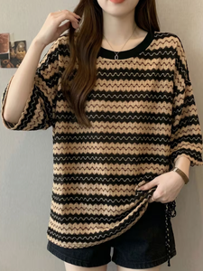 Plus Size Women's <b>Patchwork</b> Anti-Wrinkle O-Neck Pullover Short Sleeve 100% Cotton Casual Summer Knit Tee - Product Image 4