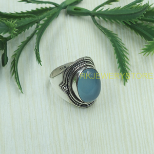 Natural Blue Chalcedony <b>Ring</b> 925 Sterling Silver Handmade Vintage <b>Statement</b> Jewelry Oval Gemstone <b>Ring</b> for Unisex Women Jewelry - Product Image 2