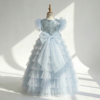 Nouvelle Robe de Bal Superposée Chic Bleue à Paillettes pour Filles, Robe de Demoiselle d'Honneur de Luxe pour Mariage d'Été, Écologique, Respirante, à Manches Bouffantes