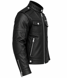 Chaqueta de Motociclista de Cuero PU Negra para Hombre, Corte Ajustado, Cuello Alto, Cierre de Cremallera, Estilo Biker, para Otoño - Product Image 4