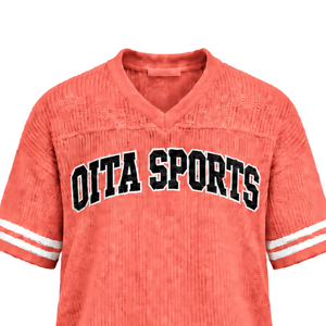 Maillot de sport rayé à col en V tricoté sur mesure rouge corail, à manches courtes, respirant, coupe oversize, décontracté, pour équipe sportive - Product Image 6