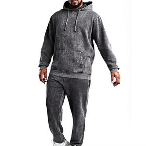 Sweat Suit Acid Washed Distressed <b>Embroidery</b> Patch Tracksuit Men Custom Oversize Twill Spring Jogger Pants Hoodie <b>Set</b> - Product Image 1