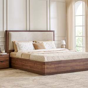 Solid Wood King <b>Bed</b> <b>Frame</b> Upholstered Headboard Oak Wood Traditional Design Beige Fabric Panel <b>Bed</b> - Product Image 1