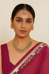 Designer Indian Ethnic Mangalsutra Style Brass Jewelry <b>Set</b> with <b>Pearls</b> <b>Necklace</b> Earrings Ring Model 41 for Wedding - Product Image 1