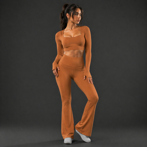Premium Eco-Friendly Solid Flare Yoga <b>Set</b> Women High Waist Leggings Long Sleeve Crop Top Breathable Stretch Fitness Gym Outfit - Product Image 1