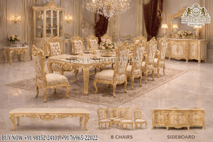 Muebles de Comedor Europeos de Lujo Tallados a Mano, Comedor Tapizado Estilo Corona con Gabinete, Compre un Juego de Comedor de Madera de Teca en el Reino Unido - Product Image 3