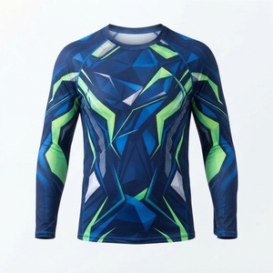 Camiseta de Compresión de Manga Larga para Hombre, Diseño Geométrico Azul Verde Sublimado, Secado Rápido - Product Image 1