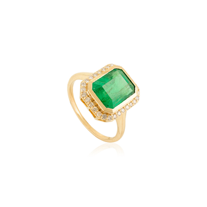 Anillo de Halo de Alta Gama con Diseño Clásico Octogonal, Esmeralda y Diamantes de Corte Redondo, Oro Amarillo Puro de 14K, Joyería de Boda - Product Image 3