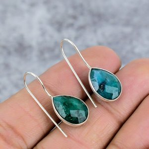 Emerald Pear Cut Gemstone 925 <b>Sterling</b> <b>Silver</b> Handmade Bezel Setting Trendy Earrings for Women - Product Image 1