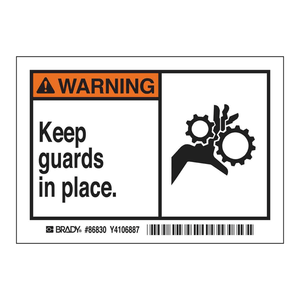 Étiquette autocollante de sécurité industrielle Brady : Avertissement « Gardez les protections en place », durable, imperméable, pour machines - Product Image 3