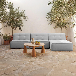 Modern <b>Wood</b> Round Coffee <b>Table</b> with Stone Top for <b>Outdoor</b> Patio - Product Image 6